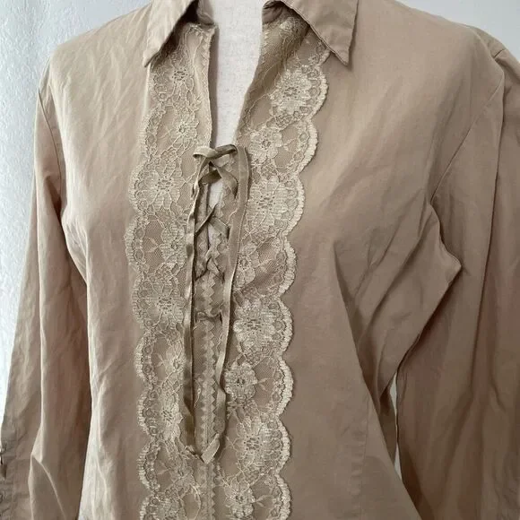 Andrew & Co Women’s Blouse L Tan Lace-Up Long Sleeve Victorian Romantic Cotton - Picture 2 of 10